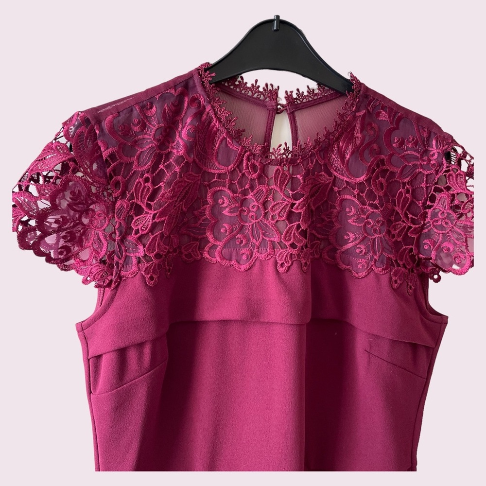 LIPSY Burgundy Insert Lace Midi Dress Size 14 - Picture 2 of 5